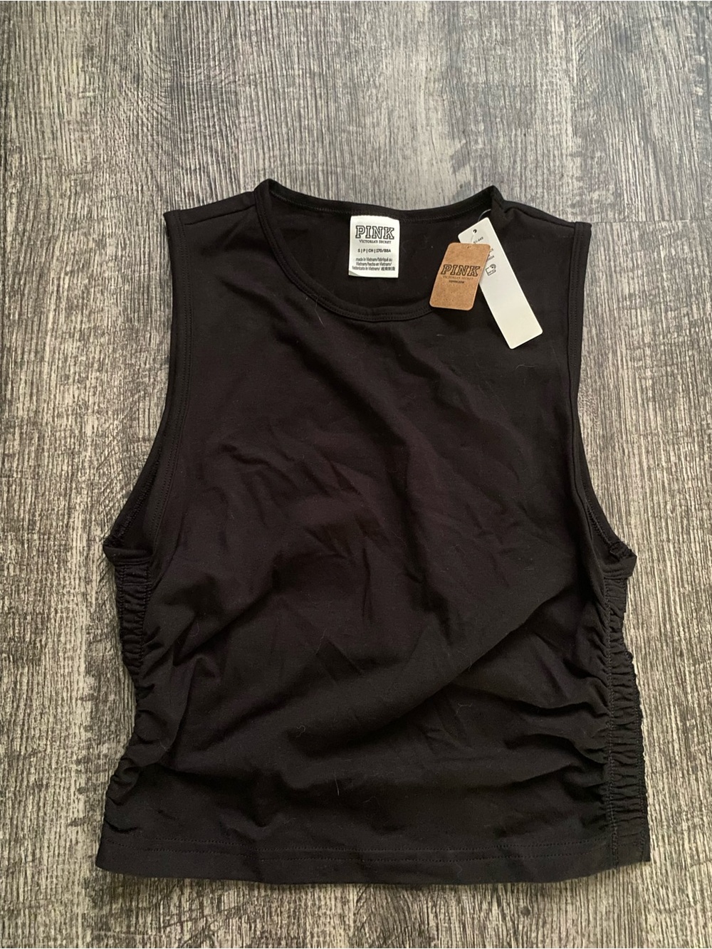 PINK Victoria's Secret Muscle Tank Top Black Ruched Side Sleeveless Crop NWT S